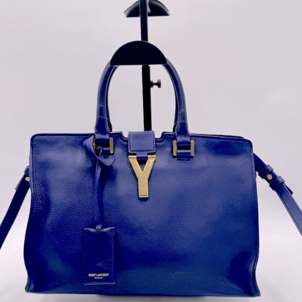 Auth Saint Laurent Small Classic Ligne Y Blue Leather Paris Chyc Cabas Tote 2way - Picture 12 of 15